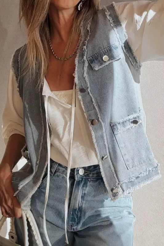 Frayed Edge Flap Pockets Denim Vest Jacket sold by Charming Charlie