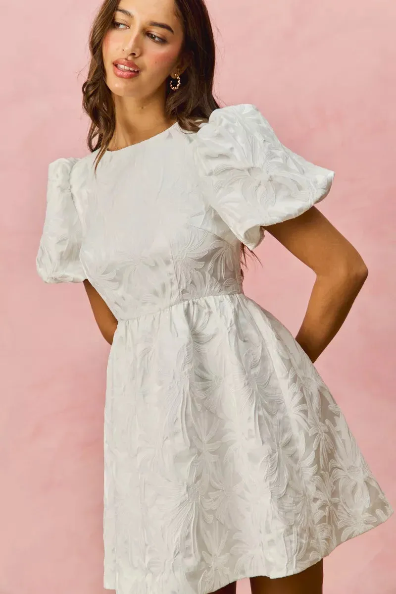 SO ME Floral Jacquard Bubble Shorts Sleeves Mini Dress sold by Charming Charlie product image thumbnail 4