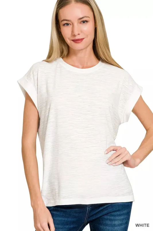 Zenana Slub Cuffed Sleeve Tee sold by Charming Charlie