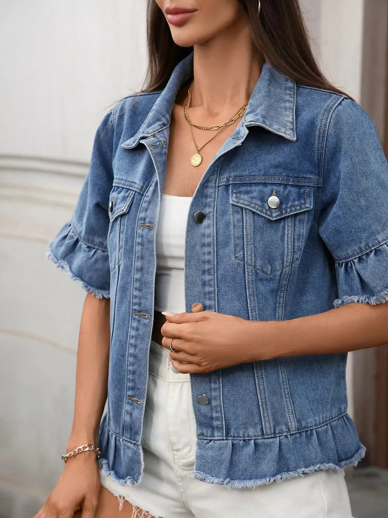 Raw Hem Button Up Denim Jacket sold by Charming Charlie product image thumbnail 5