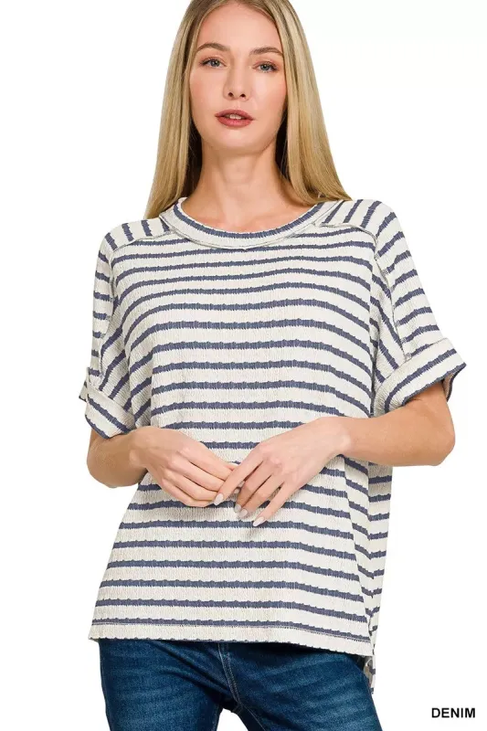 Zenana Striped Short Sleeve Hi-low Tee sold by Charming Charlie