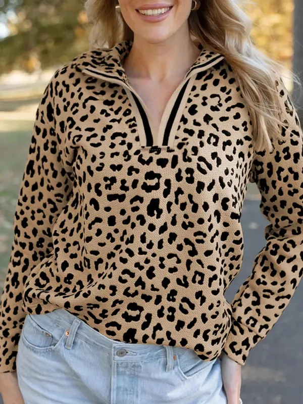 Leopard Polo Collar V Neck Pullover Top sold by Charming Charlie