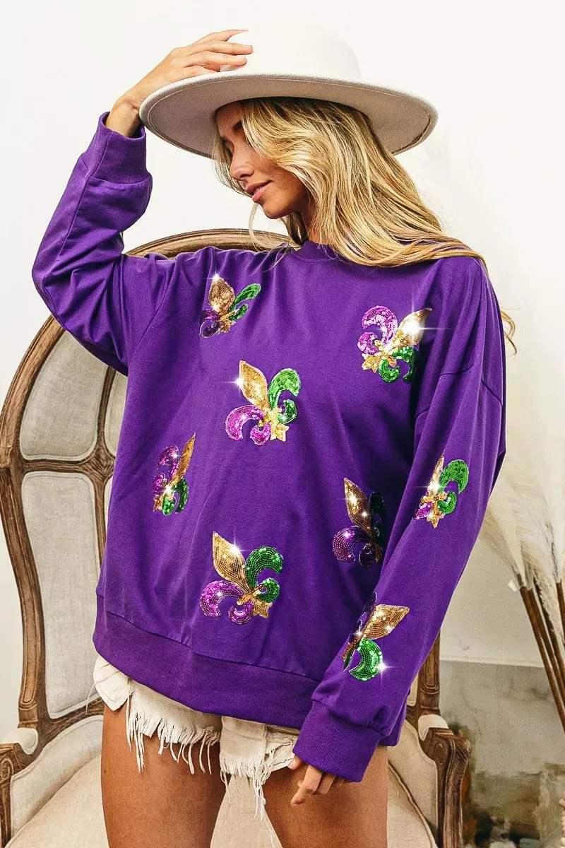 BiBi Fleur De Lis Sequin Patches Mardi Gras Sweatshirt sold by Charming Charlie product image thumbnail 3