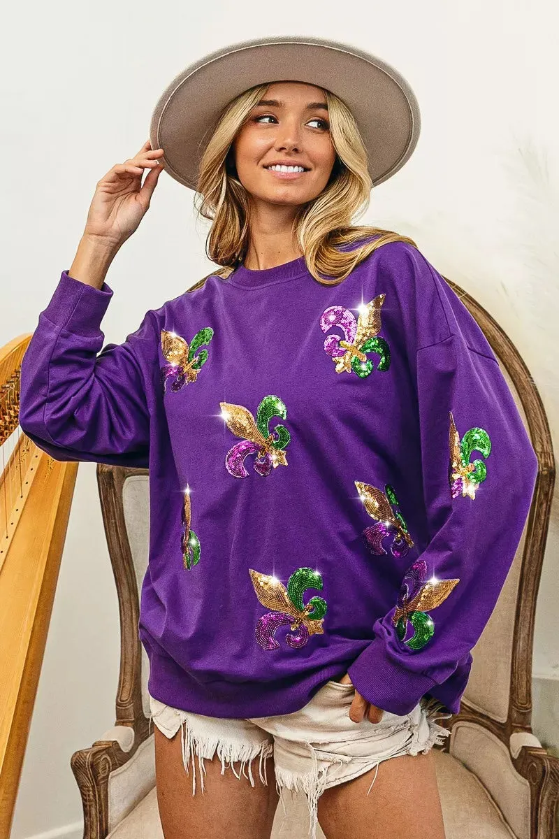 BiBi Fleur De Lis Sequin Patches Mardi Gras Sweatshirt sold by Charming Charlie product image thumbnail 4