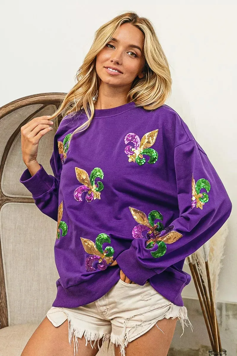 BiBi Fleur De Lis Sequin Patches Mardi Gras Sweatshirt sold by Charming Charlie product image thumbnail 5