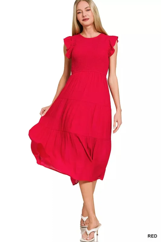Zenana Woven Smocked Ruffle Sleeve Midi Dress sold by Charming Charlie