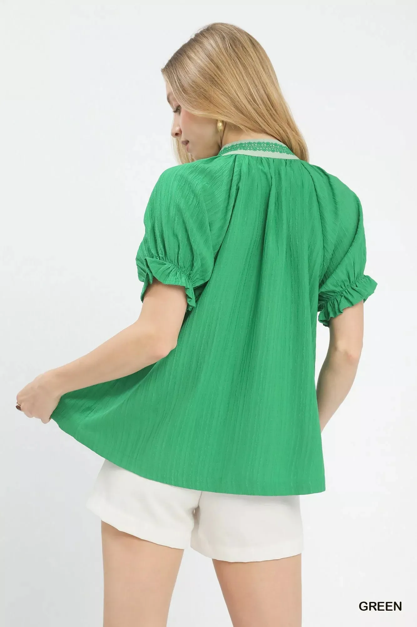 Umgee Textured V-Neck Top with Lace Trim Details sold by Charming Charlie product image thumbnail 4