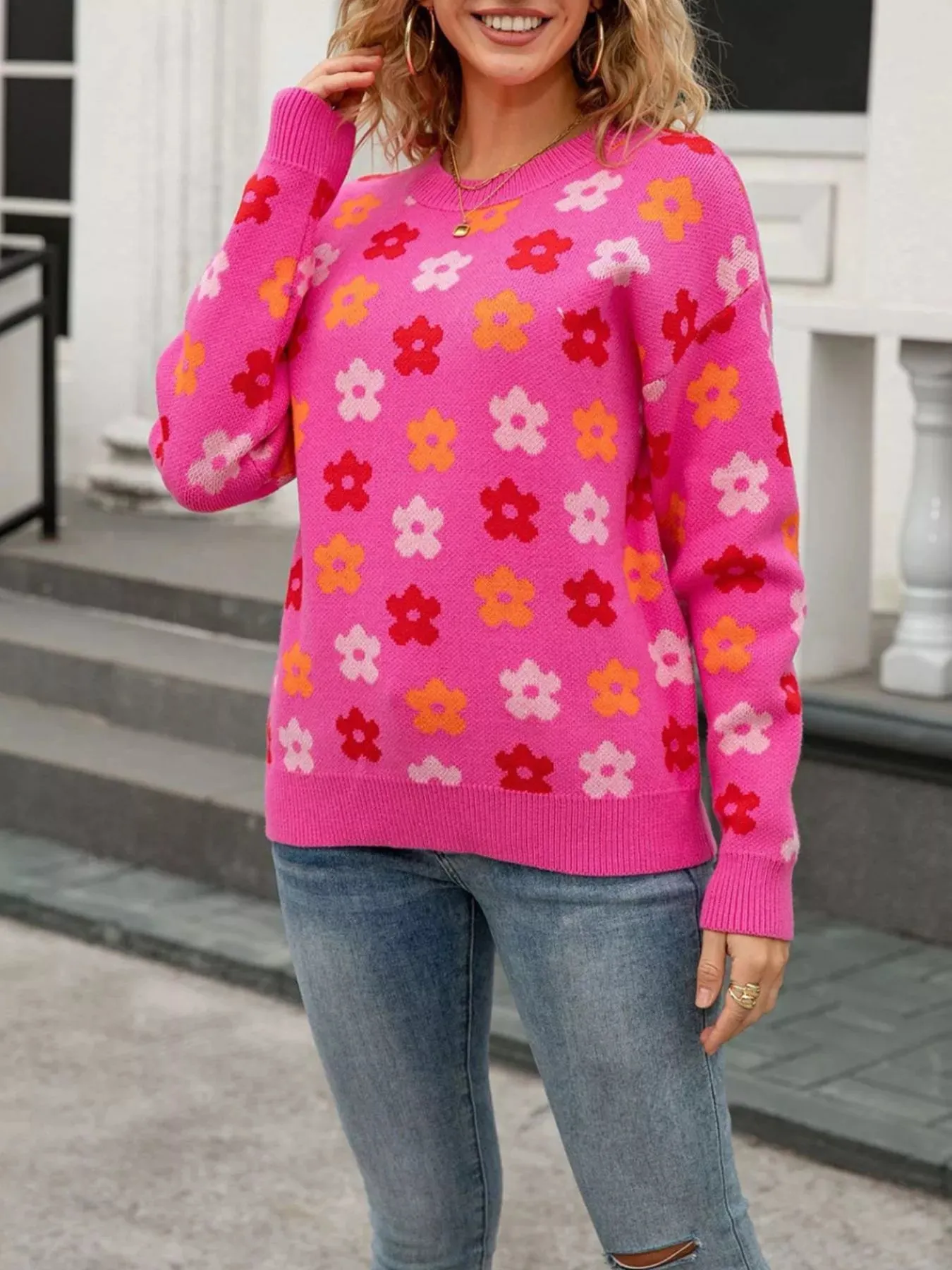 Flower Ribbed Trimmed Drop Shoulder Sweater sold by Charming Charlie product image thumbnail 5