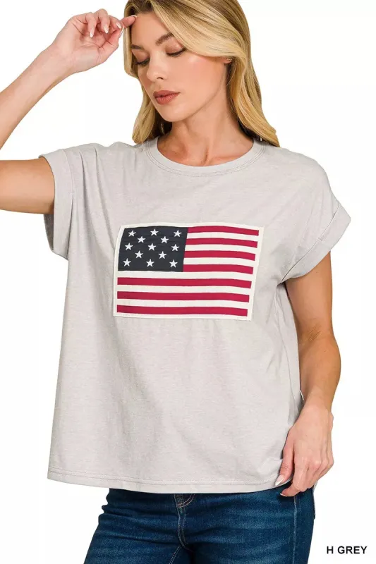 Zenana US Flag Round Neck Short Sleeve T-Shirt sold by Charming Charlie