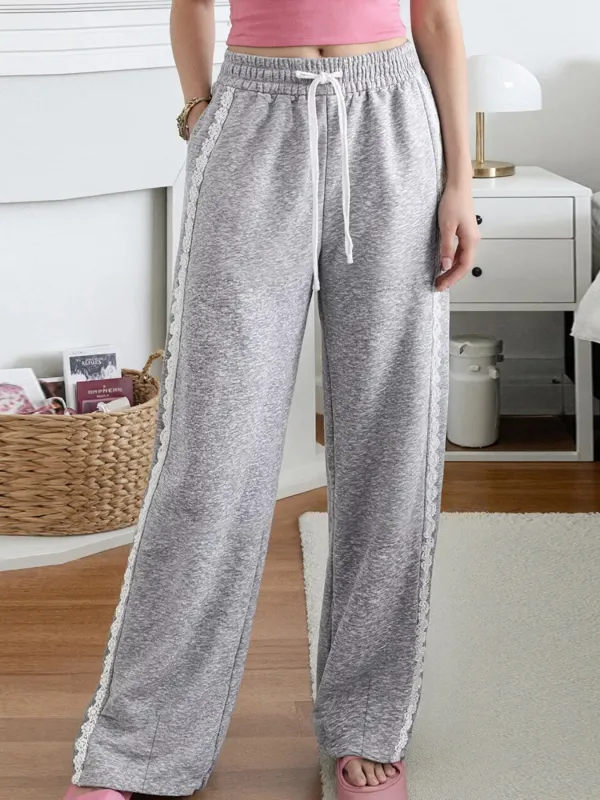 Lace Trim Wide Leg Pants made by Trendsi