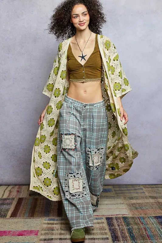 POL Open Front Floral Crochet Longline Cardigan made by Trendsi