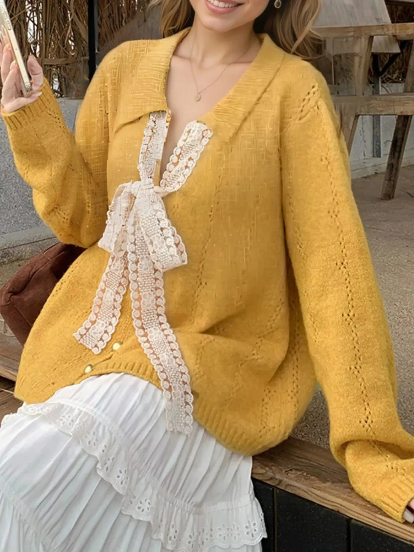 Lace Tie Button Up Cardigan sold by Charming Charlie product image thumbnail 2