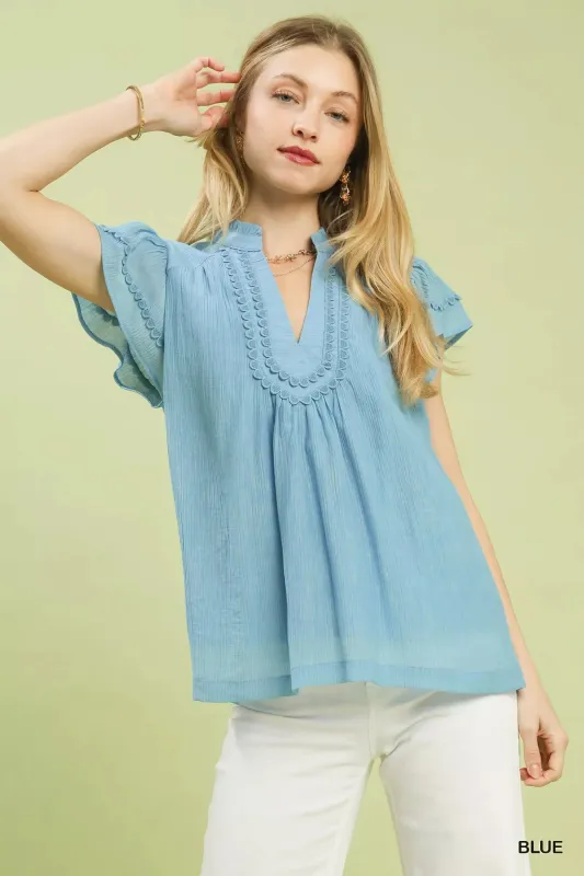 Umgee Scalloped Trim Flutter Sleeve Top sold by Charming Charlie