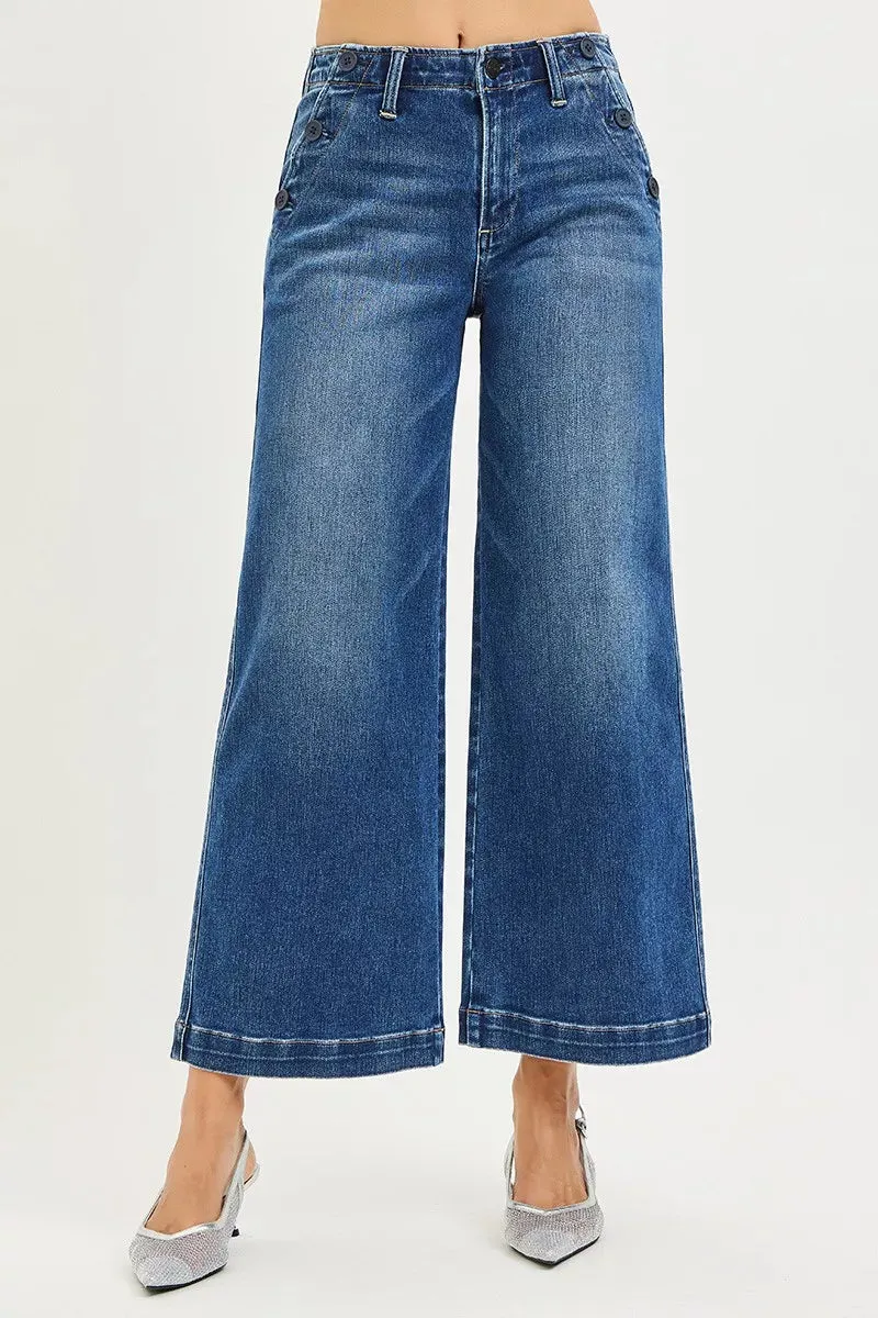 RISEN High Rise Wide Leg Jeans With Pocket Button Detail sold by Charming Charlie