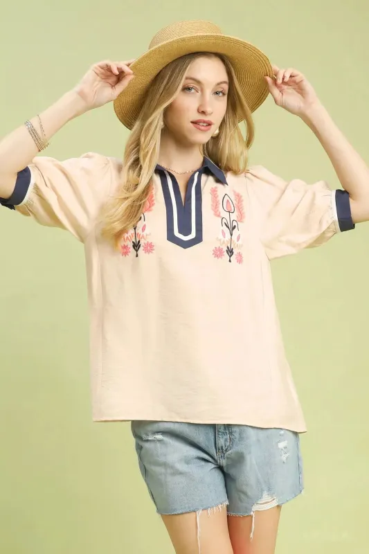 Umgee Embroidered Puff Sleeve Contrast Trim Top sold by Charming Charlie