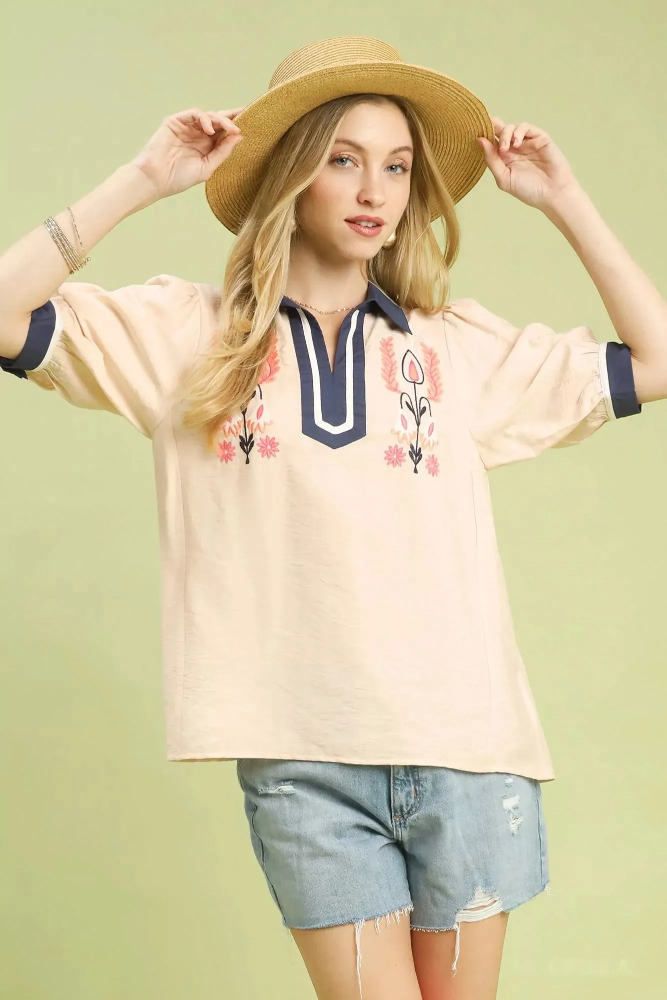 Umgee Embroidered Puff Sleeve Contrast Trim Top sold by Charming Charlie