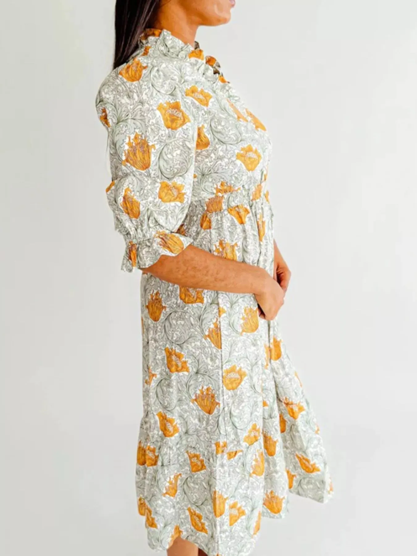 Floral Print Ruffle Trim Smocked Midi Dress sold by Charming Charlie product image thumbnail 4