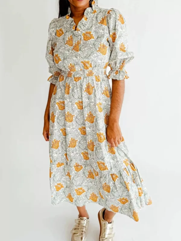 Floral Print Ruffle Trim Smocked Midi Dress sold by Charming Charlie