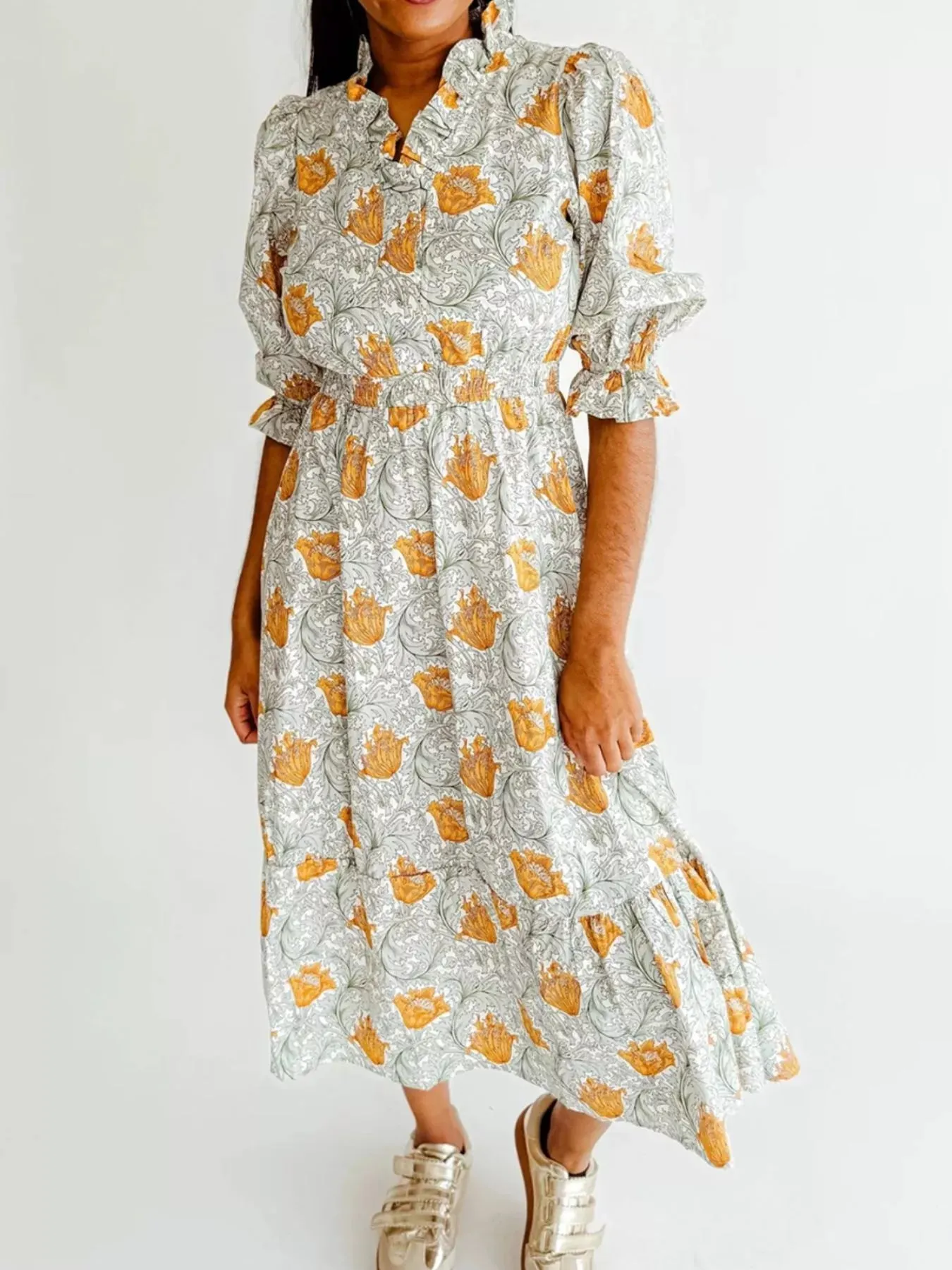 Floral Print Ruffle Trim Smocked Midi Dress sold by Charming Charlie