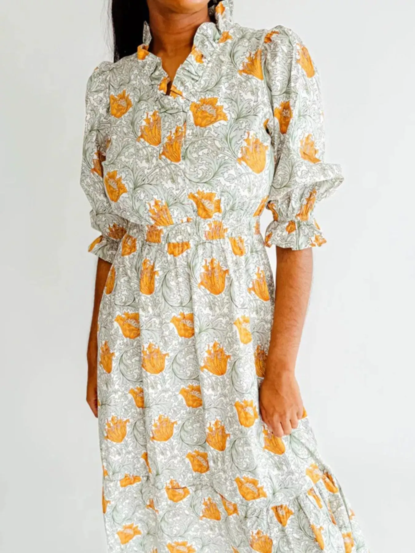 Floral Print Ruffle Trim Smocked Midi Dress sold by Charming Charlie product image thumbnail 3
