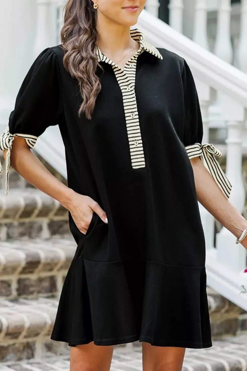 Stripe Detail Polo Collar Half Buttons Tied Short Sleeve Shift Mini Dress sold by Charming Charlie product image thumbnail 3