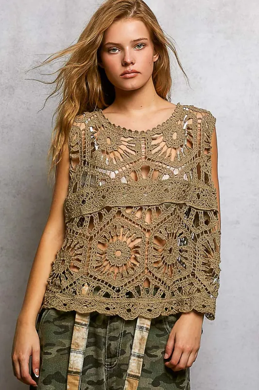 POL Openwork Round Neck Floral Crochet Tank sold by Charming Charlie