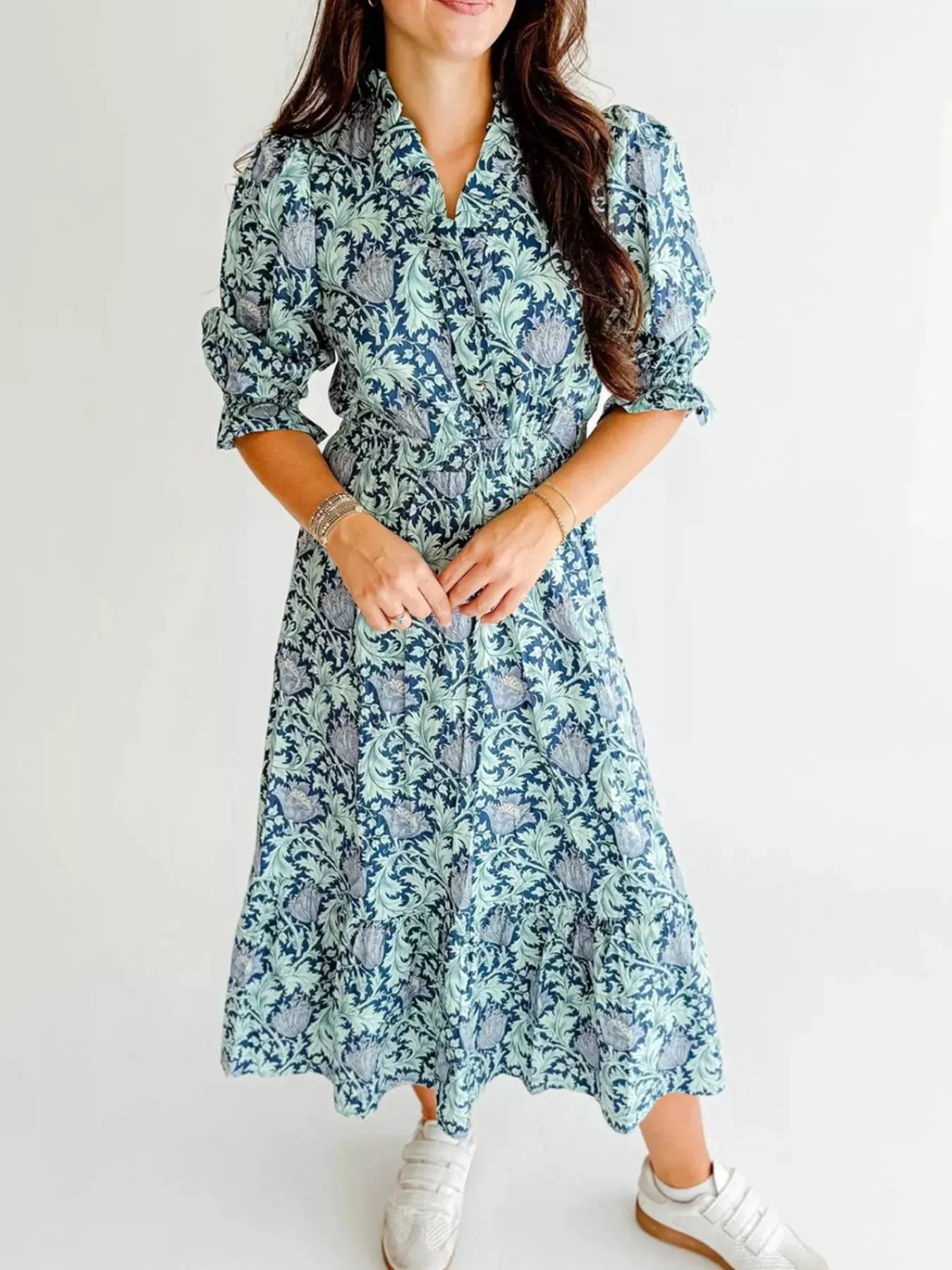 Floral Print Midi Dress with Puff Sleeves sold by Charming Charlie