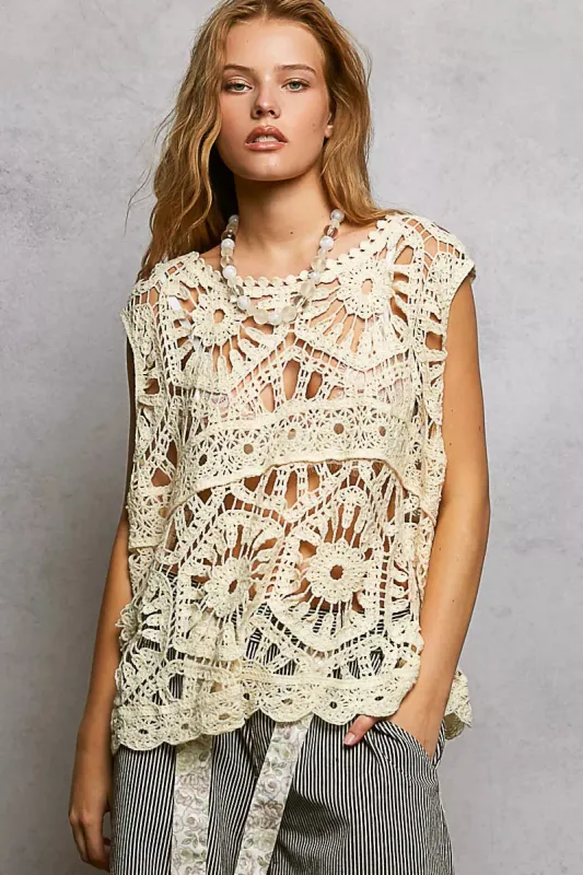 POL Openwork Round Neck Floral Crochet Tank sold by Charming Charlie