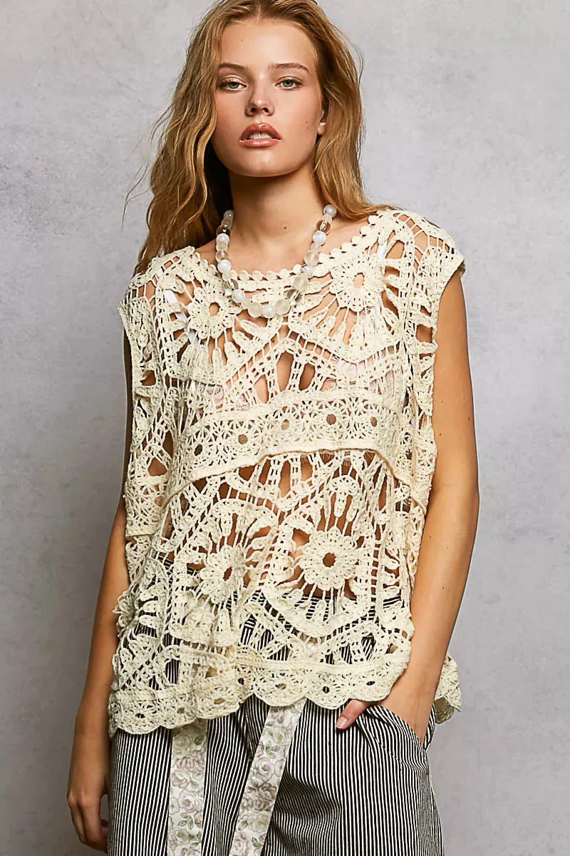 POL Openwork Round Neck Floral Crochet Tank sold by Charming Charlie