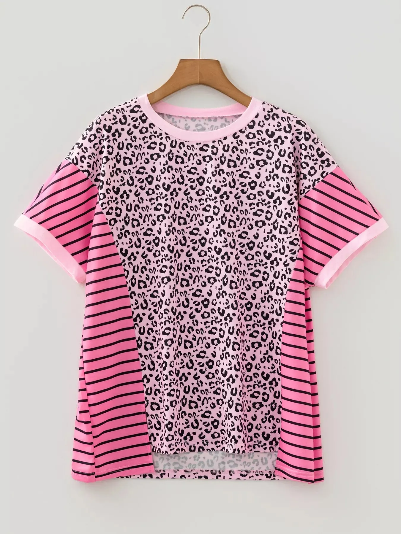 Leopard Striped Patchwork Side Slit Loose Short Sleeve Top sold by Charming Charlie product image thumbnail 3