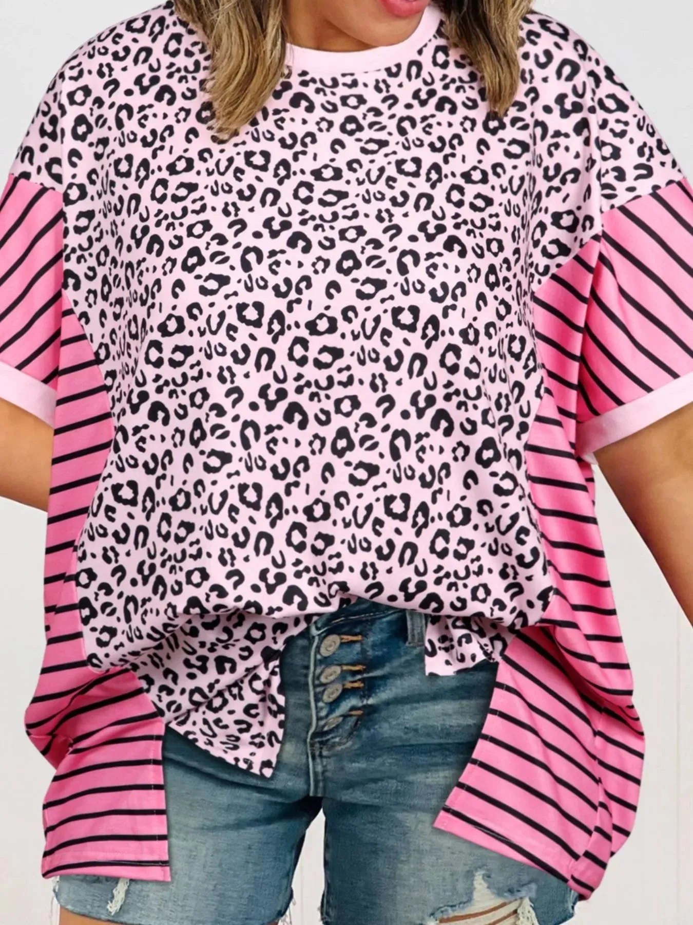 Leopard Striped Patchwork Side Slit Loose Short Sleeve Top sold by Charming Charlie product image thumbnail 2