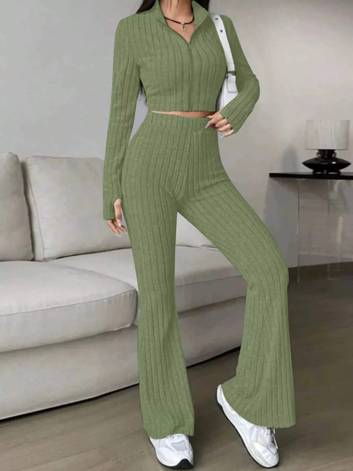 Ribbed Knit Crop Top and Flare Pants Set sold by Charming Charlie