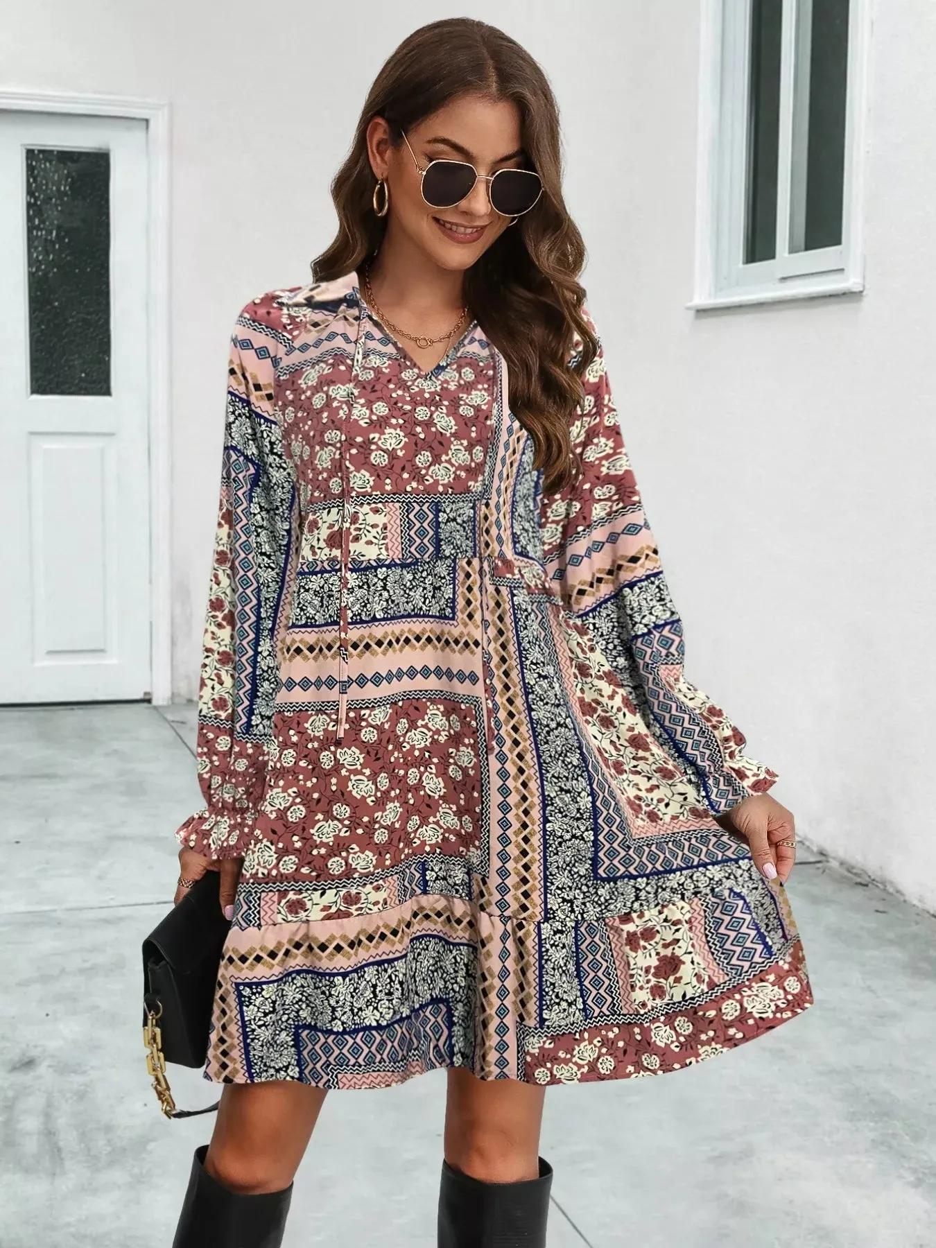 Boho Floral Print Long Sleeve Mini Dress sold by Charming Charlie product image thumbnail 4