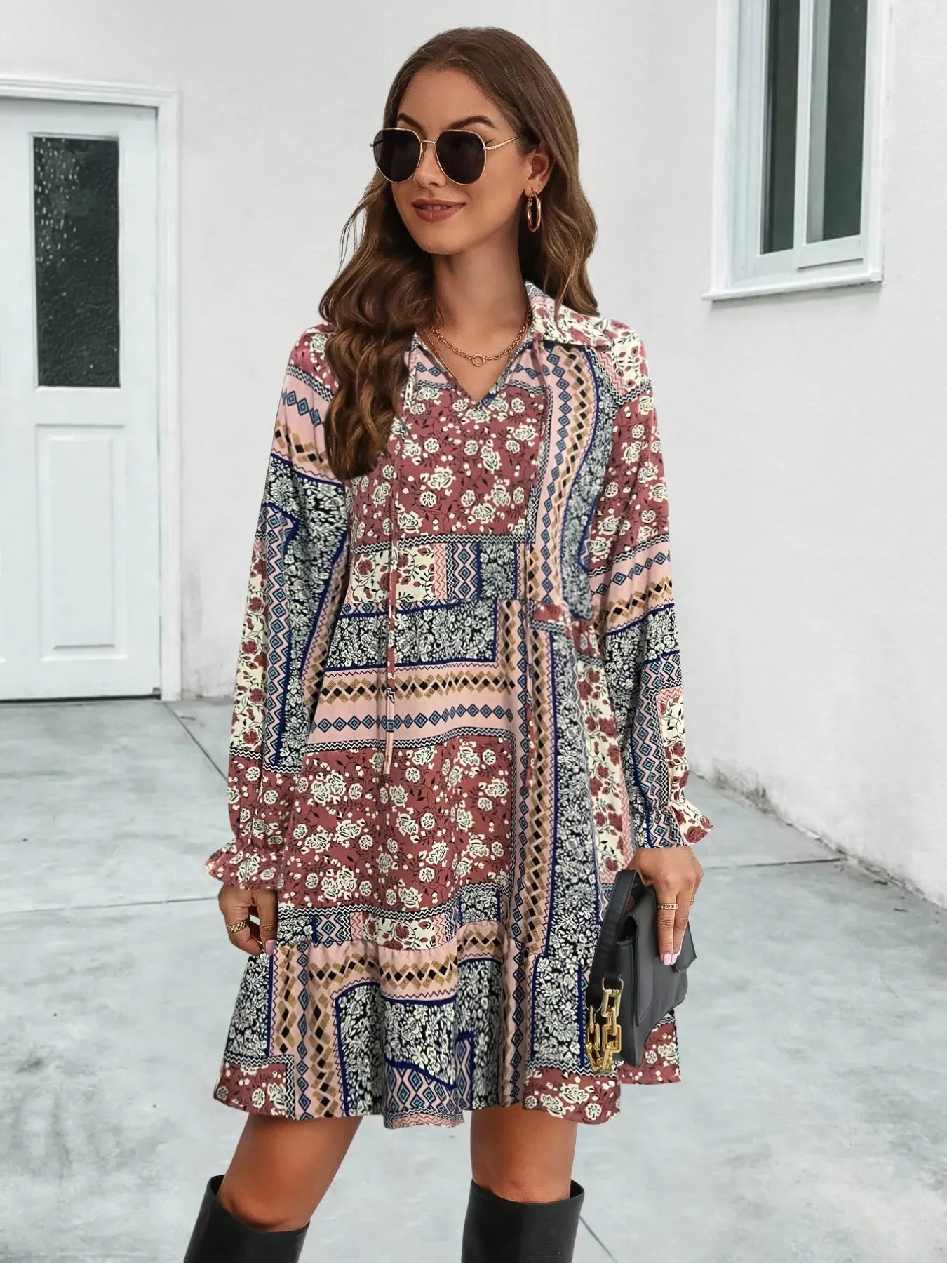 Boho Floral Print Long Sleeve Mini Dress sold by Charming Charlie product image thumbnail 5