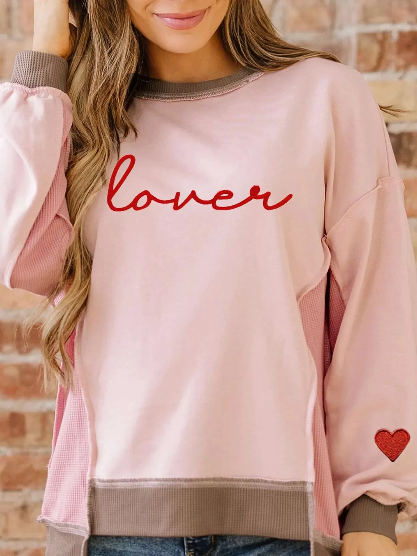 Color Block Patchwork Lovers Embroidered Letter Sweatshirt sold by Charming Charlie product image thumbnail 3