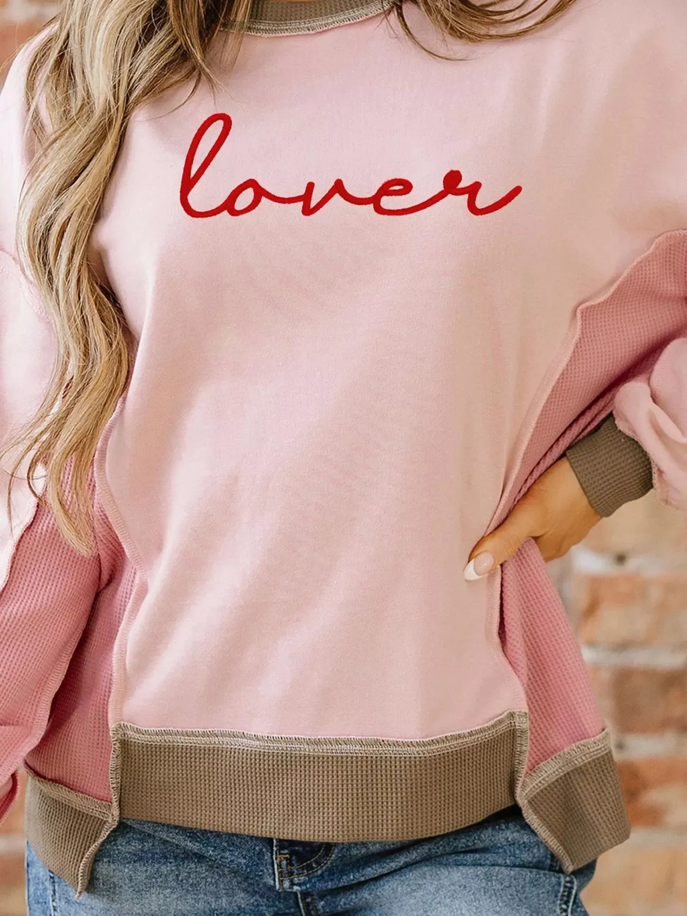 Color Block Patchwork Lovers Embroidered Letter Sweatshirt sold by Charming Charlie product image thumbnail 4