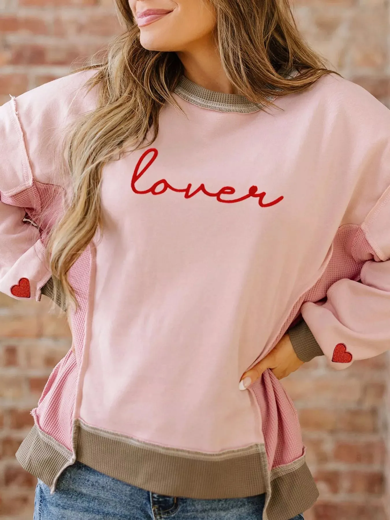 Color Block Patchwork Lovers Embroidered Letter Sweatshirt sold by Charming Charlie