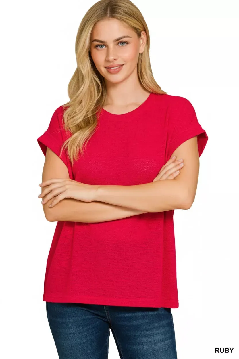 Zenana Hacci Slub Rolled Up Sleeve Tee sold by Charming Charlie product image thumbnail 3