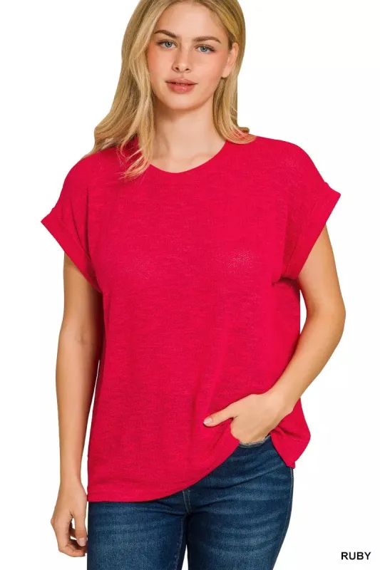 Zenana Hacci Slub Rolled Up Sleeve Tee sold by Charming Charlie