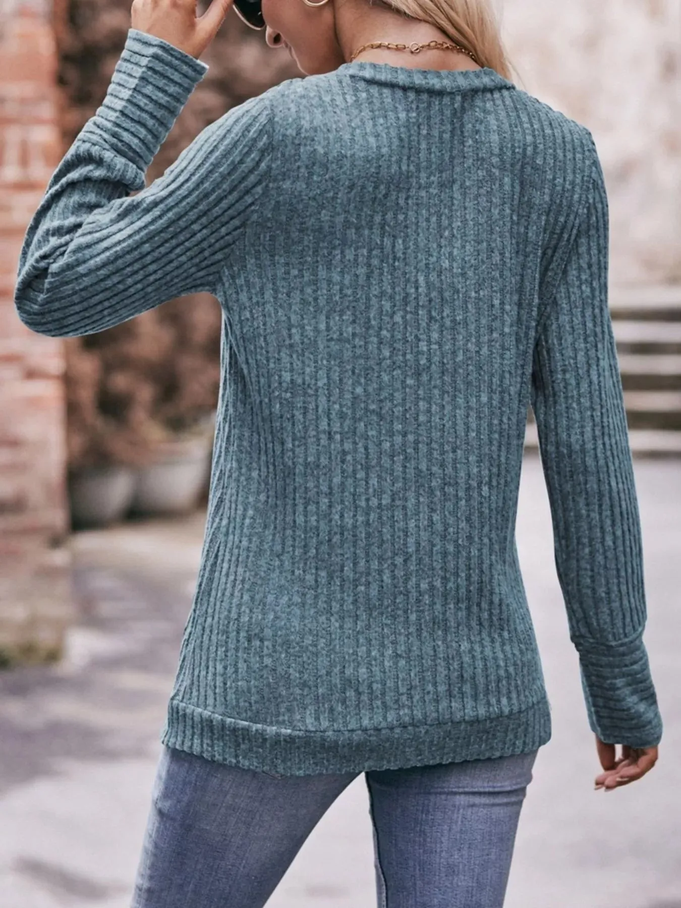V-Neck Ribbed Knit Long Sleeve T-Shirt sold by Charming Charlie product image thumbnail 4