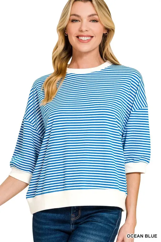 Zenana Striped Contrast Trim Banded Bottom Top sold by Charming Charlie