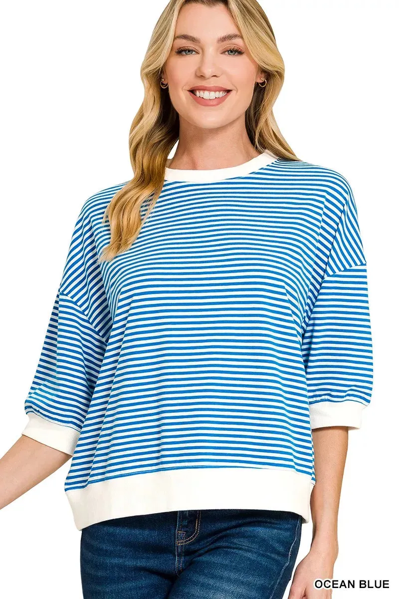 Zenana Striped Contrast Trim Banded Bottom Top sold by Charming Charlie