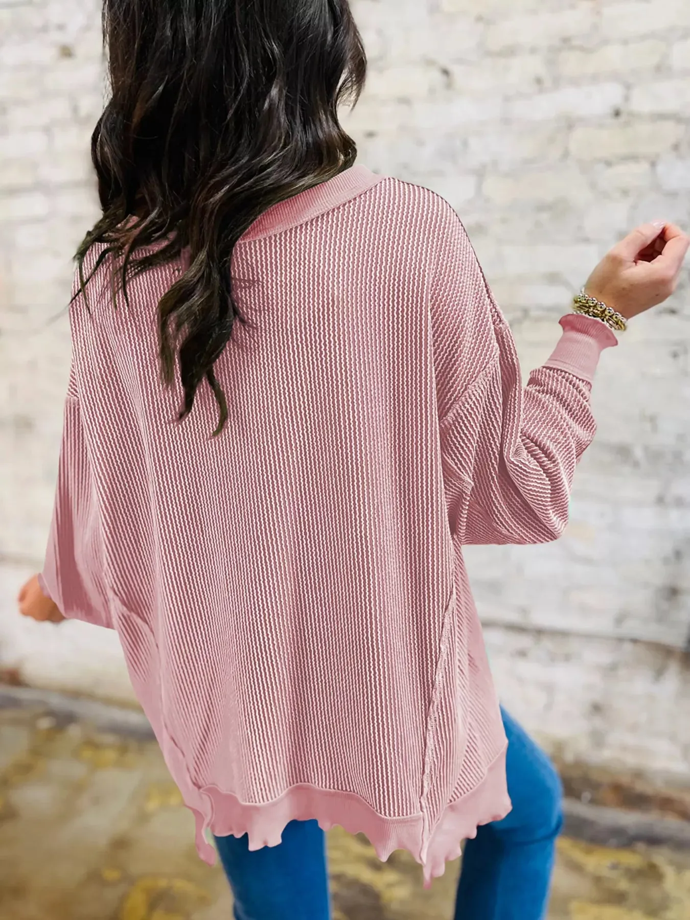 Ribbed Knit Dropped Shoulder Sweatshirt sold by Charming Charlie product image thumbnail 2