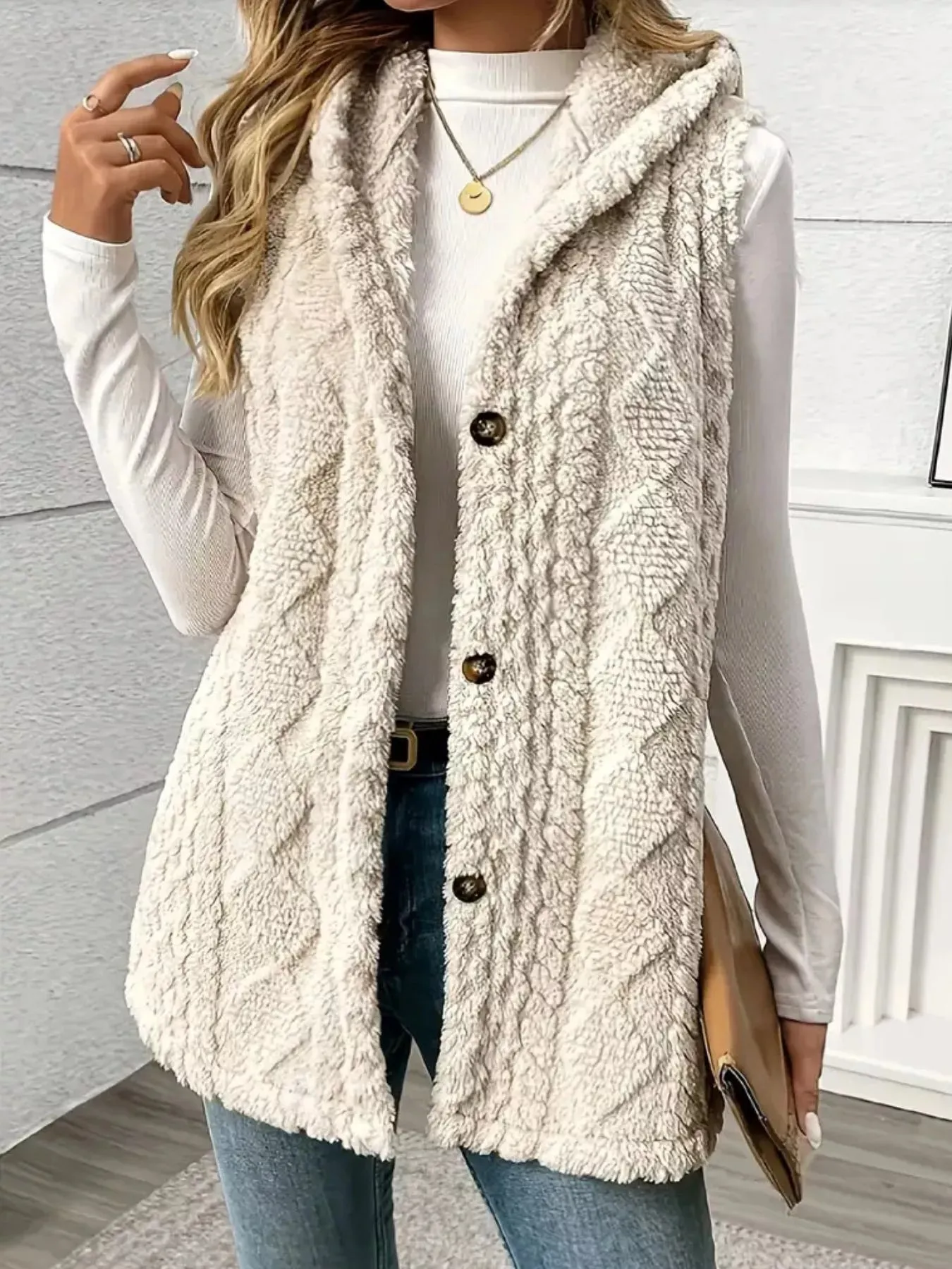 Button-Down Sherpa Hooded Vest Coat sold by Charming Charlie product image thumbnail 4