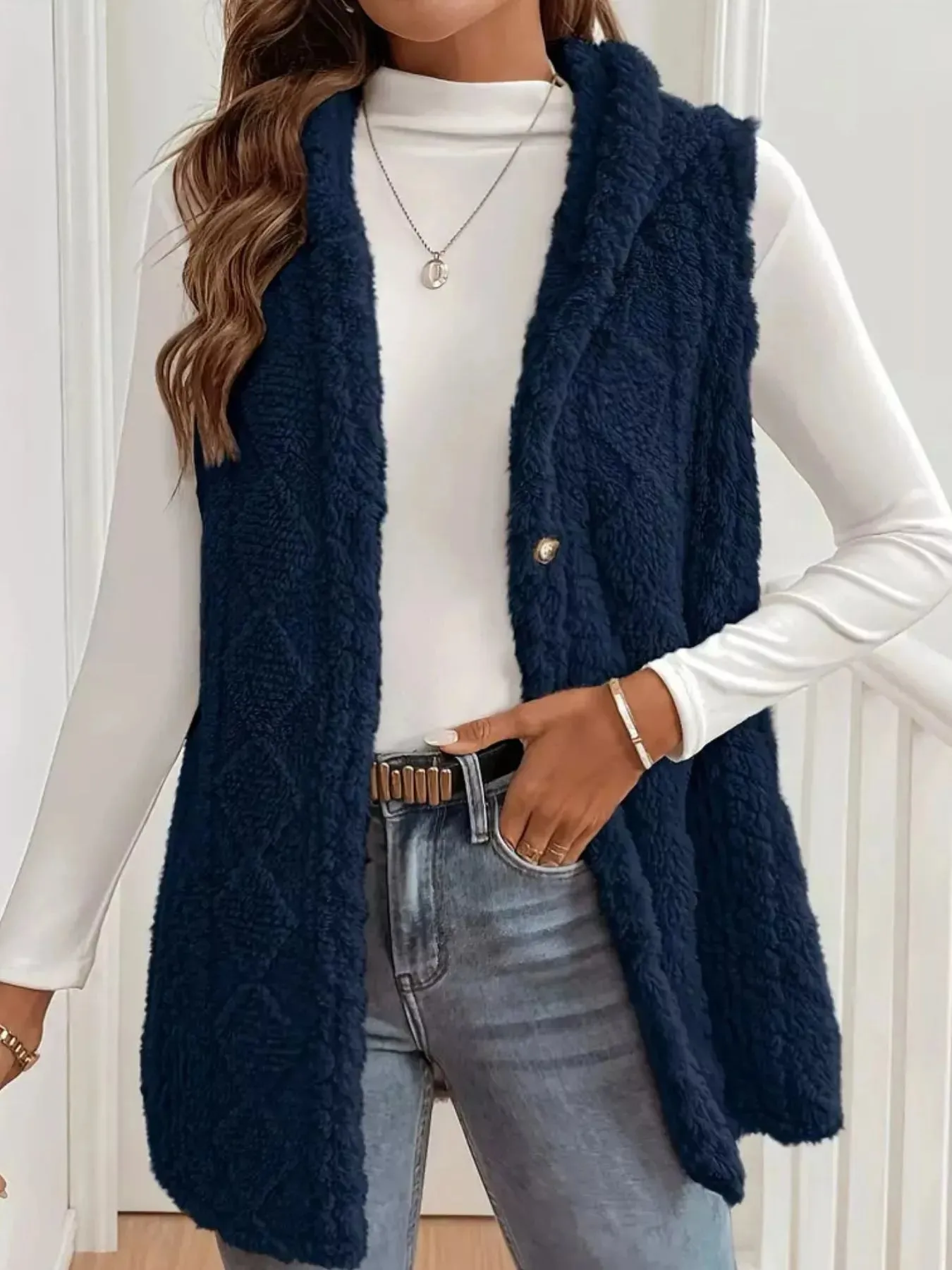 Button-Down Sherpa Hooded Vest Coat sold by Charming Charlie product image thumbnail 5