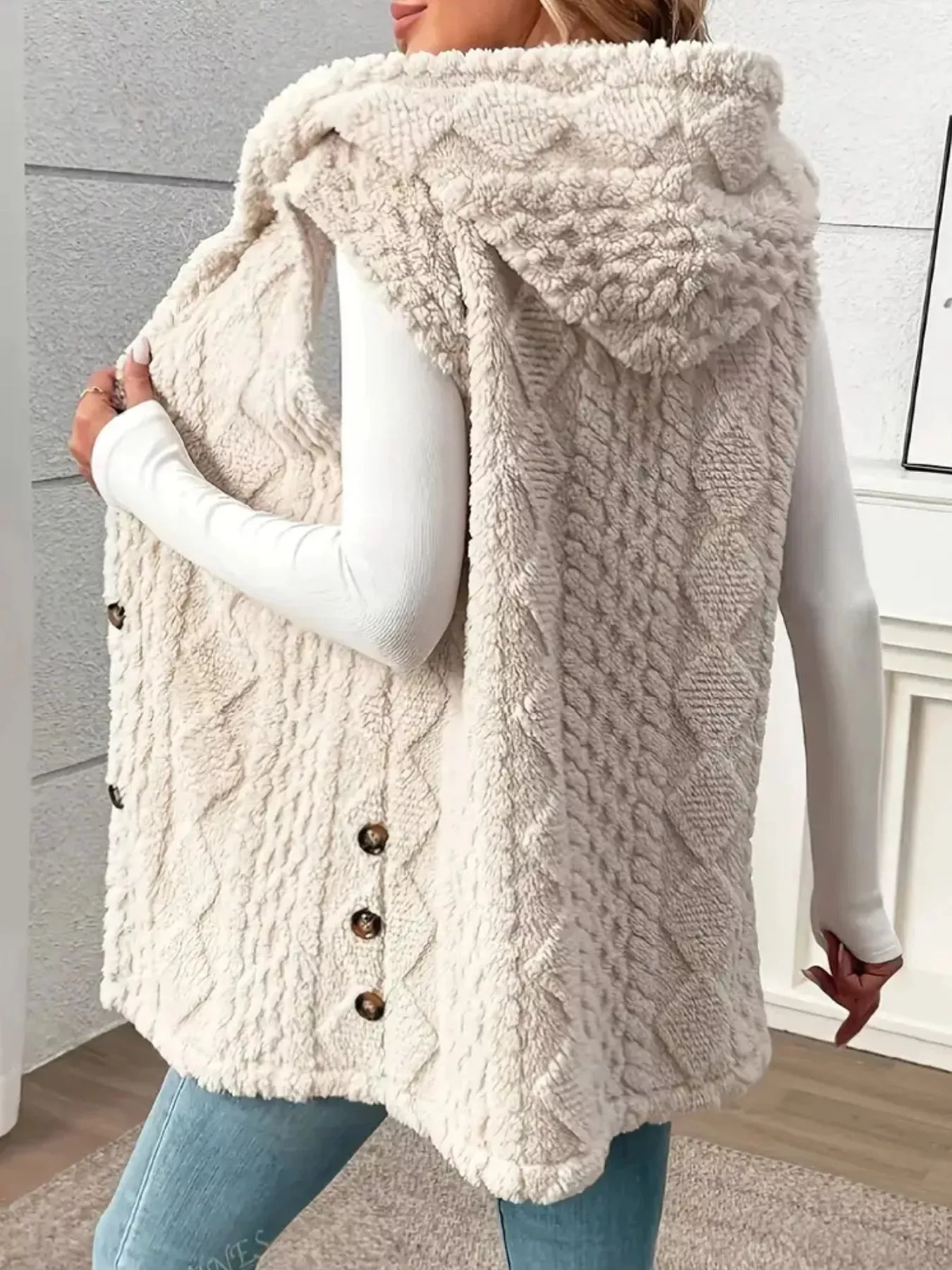 Button-Down Sherpa Hooded Vest Coat sold by Charming Charlie product image thumbnail 2