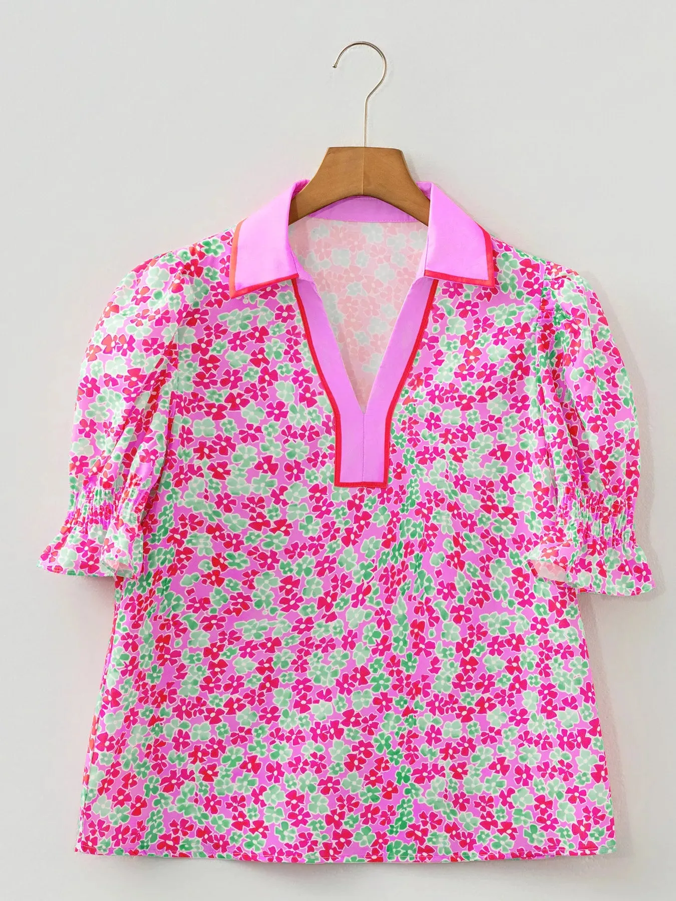 Floral Collared V Neck Short Puff Sleeve Blouse sold by Charming Charlie product image thumbnail 4