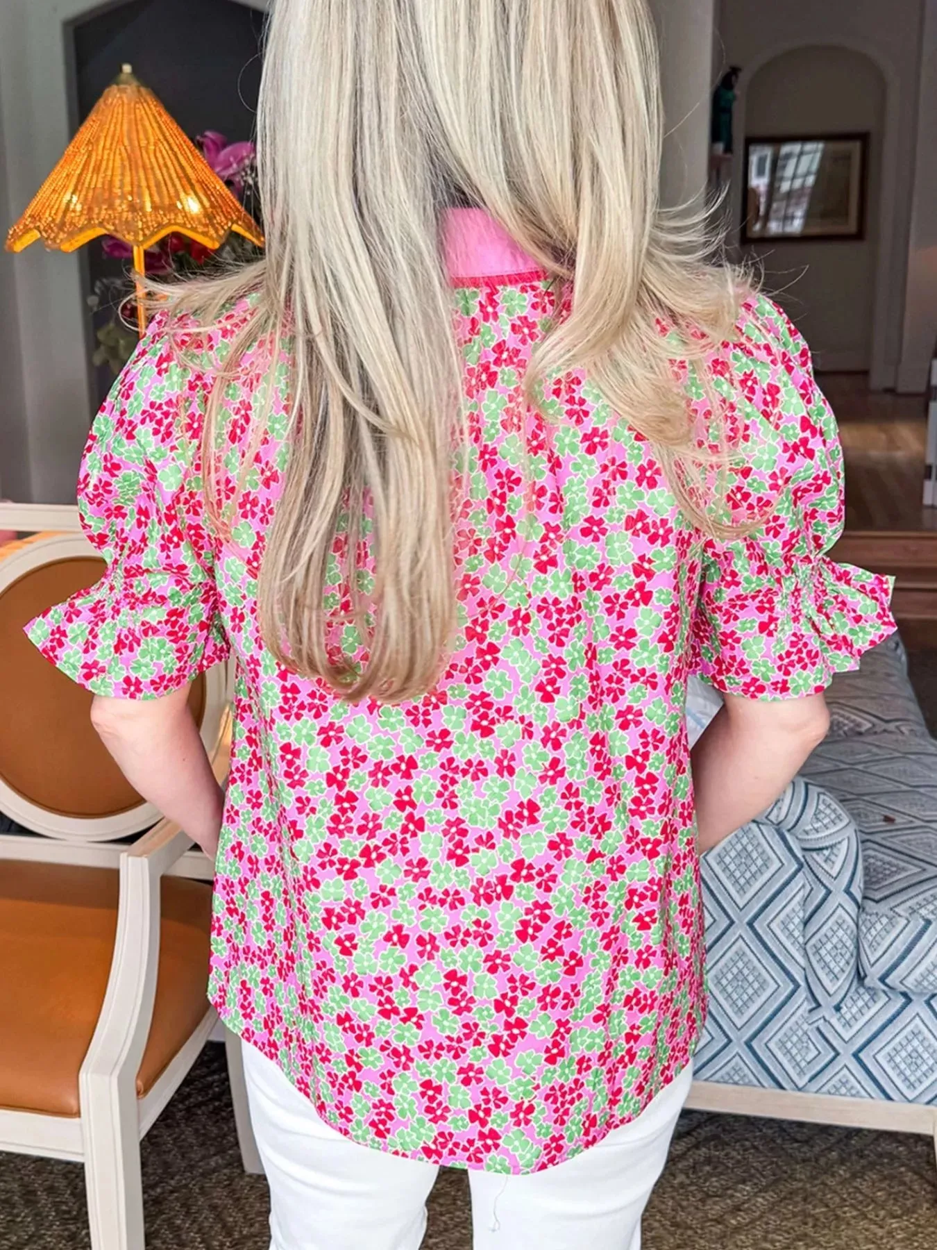 Floral Collared V Neck Short Puff Sleeve Blouse sold by Charming Charlie product image thumbnail 3