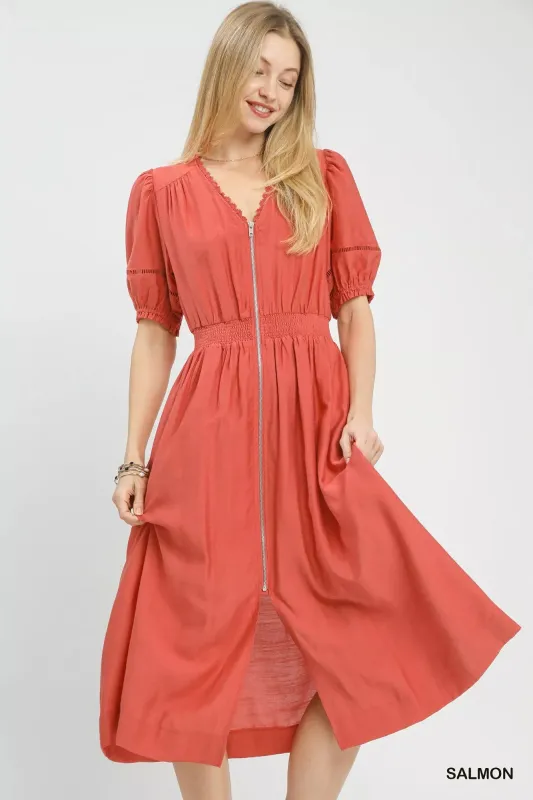 Umgee Zip-Front Smocked Waist Midi Dress made by Trendsi