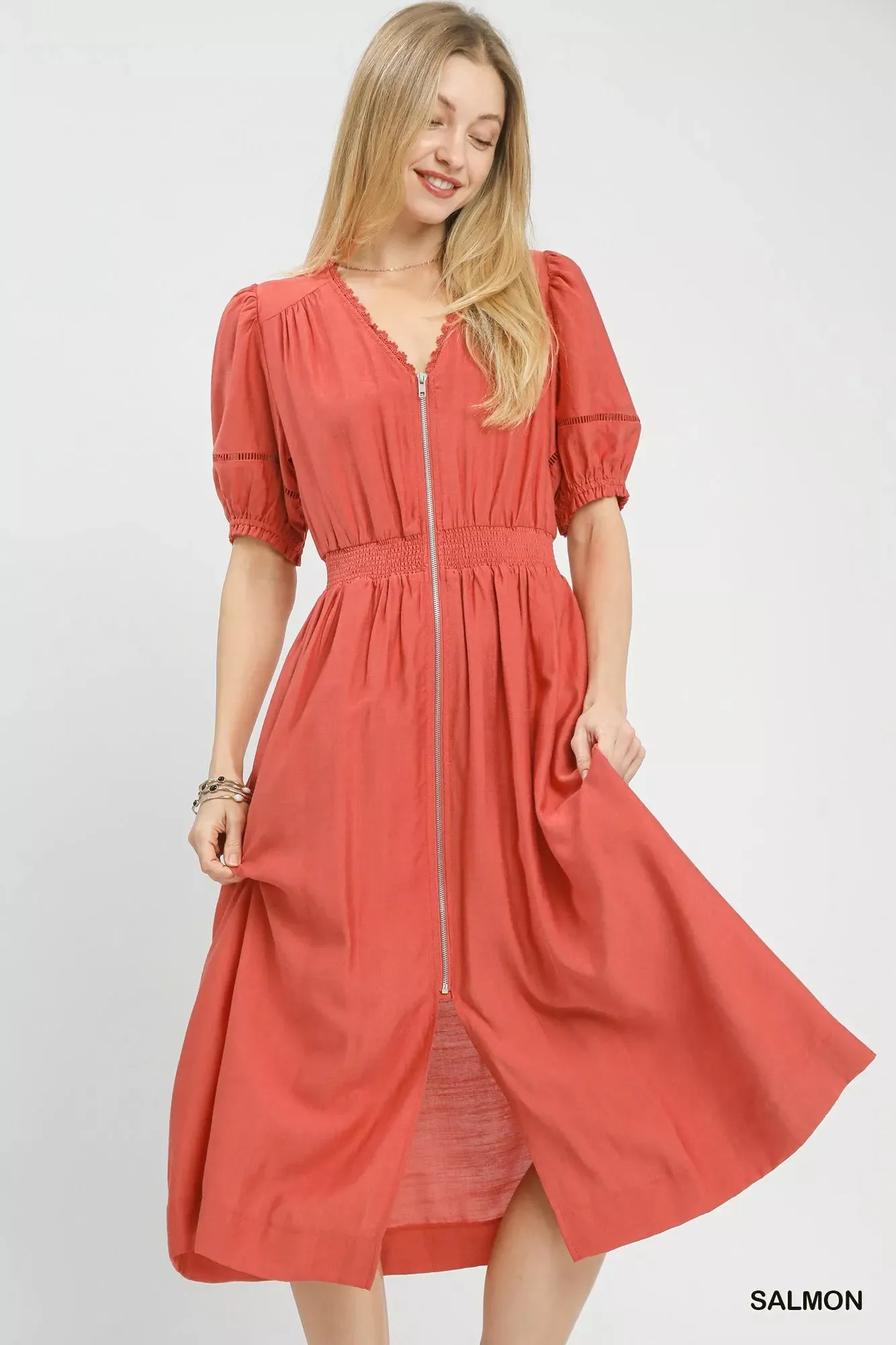 Umgee Zip-Front Smocked Waist Midi Dress sold by Charming Charlie
